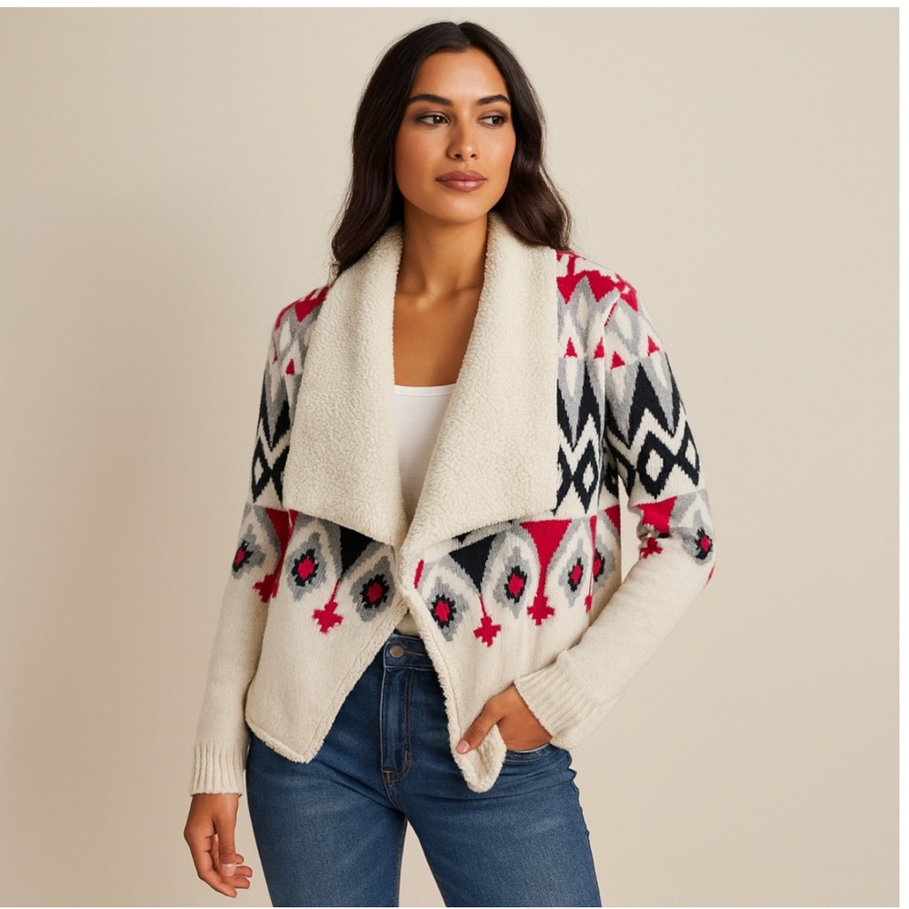 LOVE BY DESIGN Cardigan Sweater Southwestern Open Front Aztec Pattern Size Small